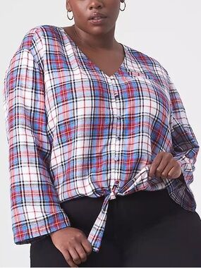 PLUS SUMMER PLAID TIE-FRONT TOP